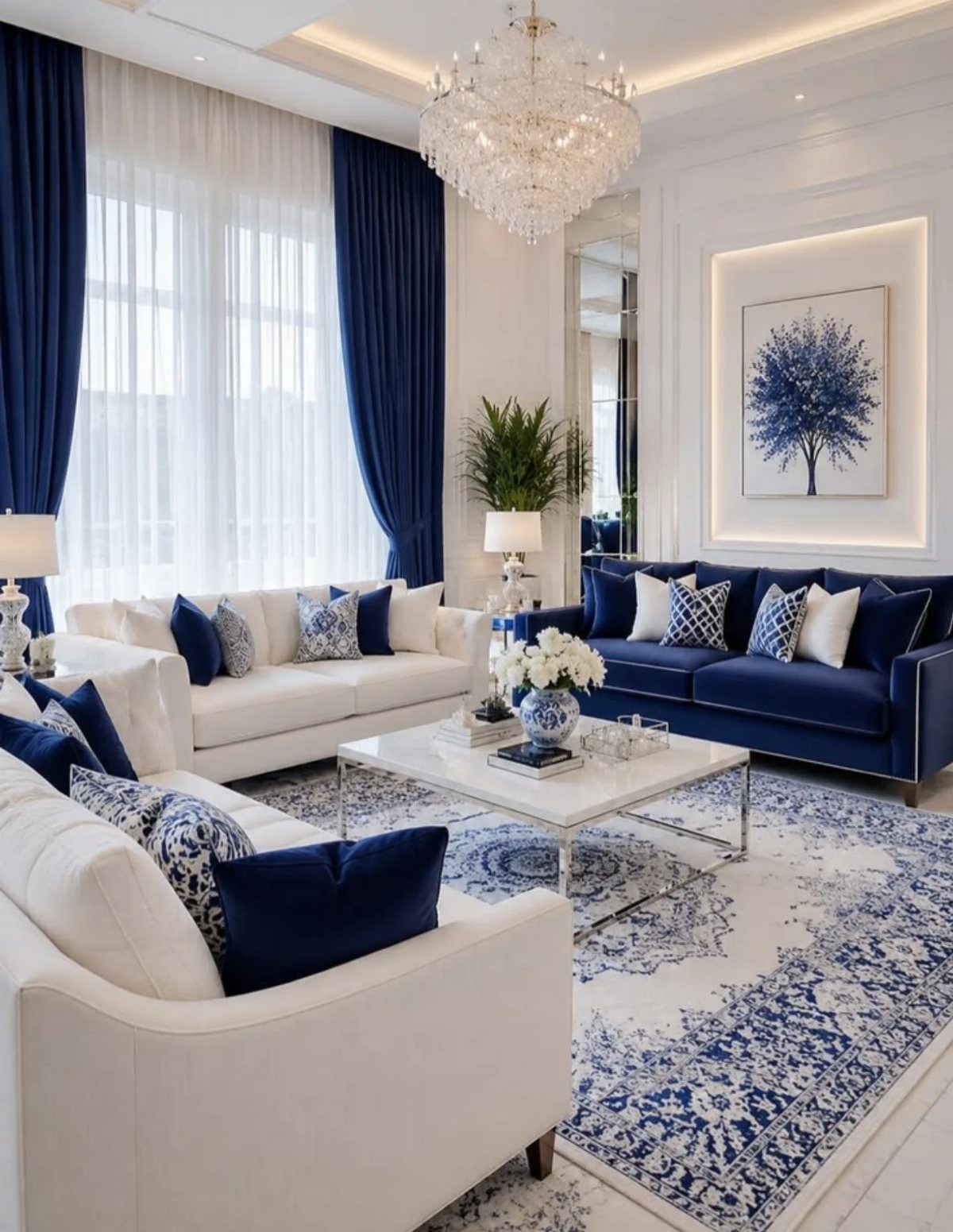 12 Blue White Living Room Ideas with Photos and Styling Tips 4 Luxurious living room with navy blue and white furniture, patterned rug, and crystal chandelier.