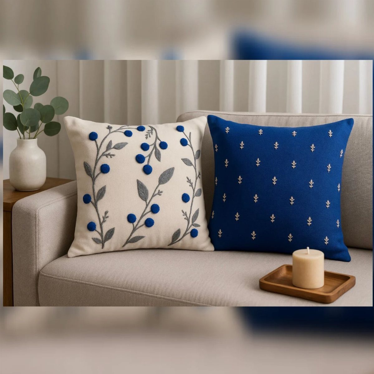 12 Blue White Living Room Ideas with Photos and Styling Tips 9 Two blue and white decorative pillows on a light grey sofa next to a candle.