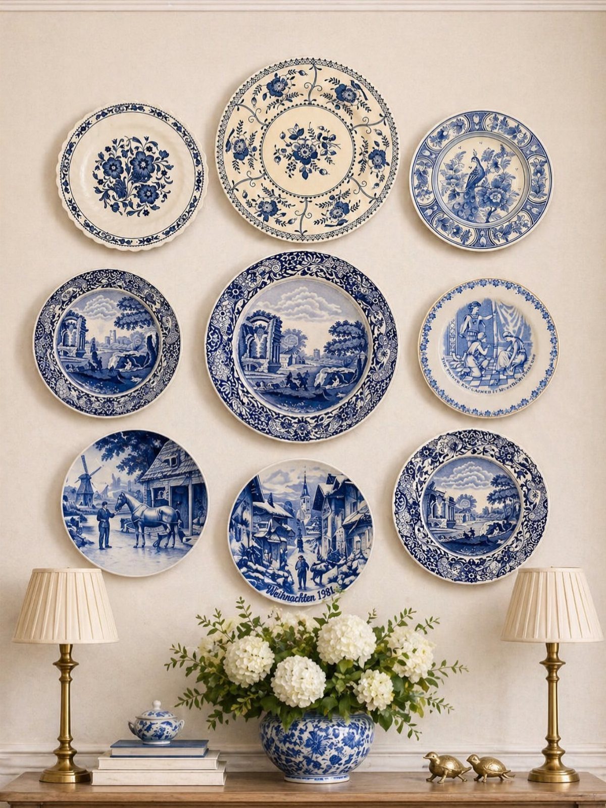 12 Blue White Living Room Ideas with Photos and Styling Tips 11 Blue and white ceramic plates displayed on a beige wall above white hydrangeas.