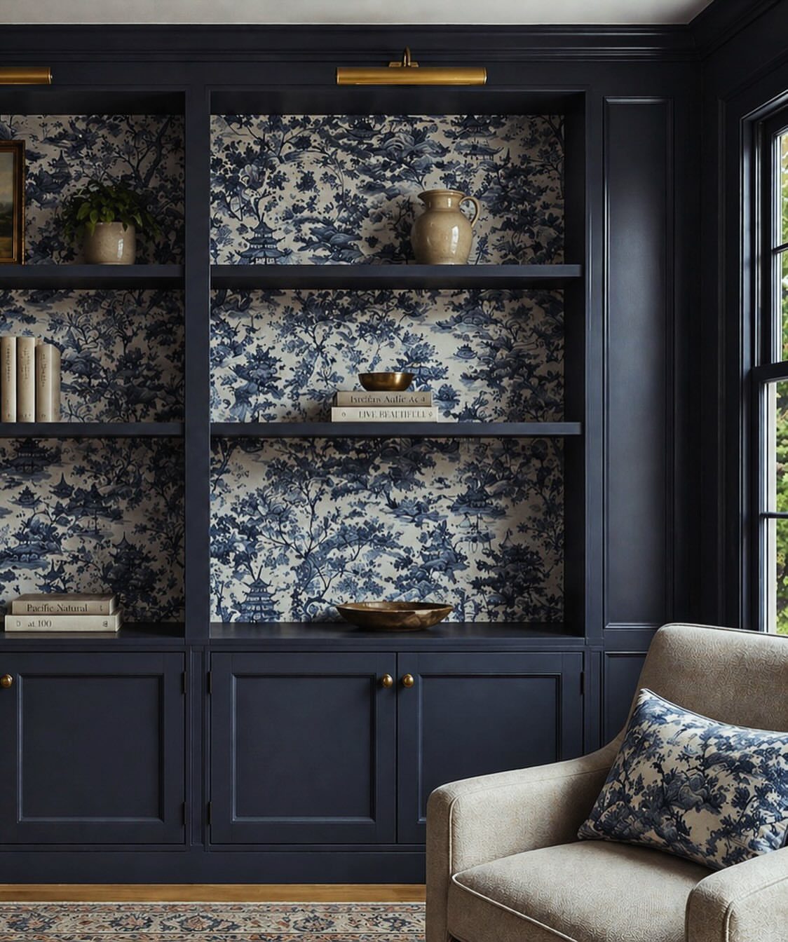 12 Blue White Living Room Ideas with Photos and Styling Tips 12 Dark blue built-in bookcase with blue and white toile wallpaper backing and beige armchair.