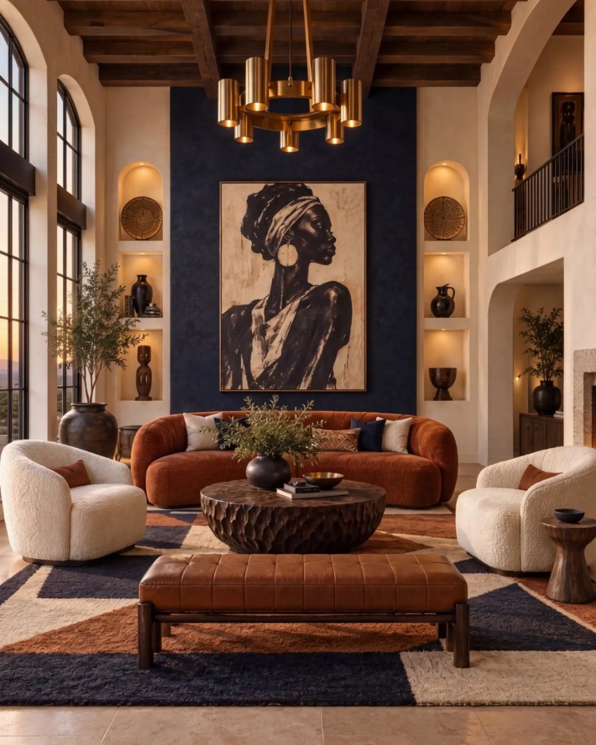 Living room with navy blue wall, brown leather sofa, and gold chandelier.