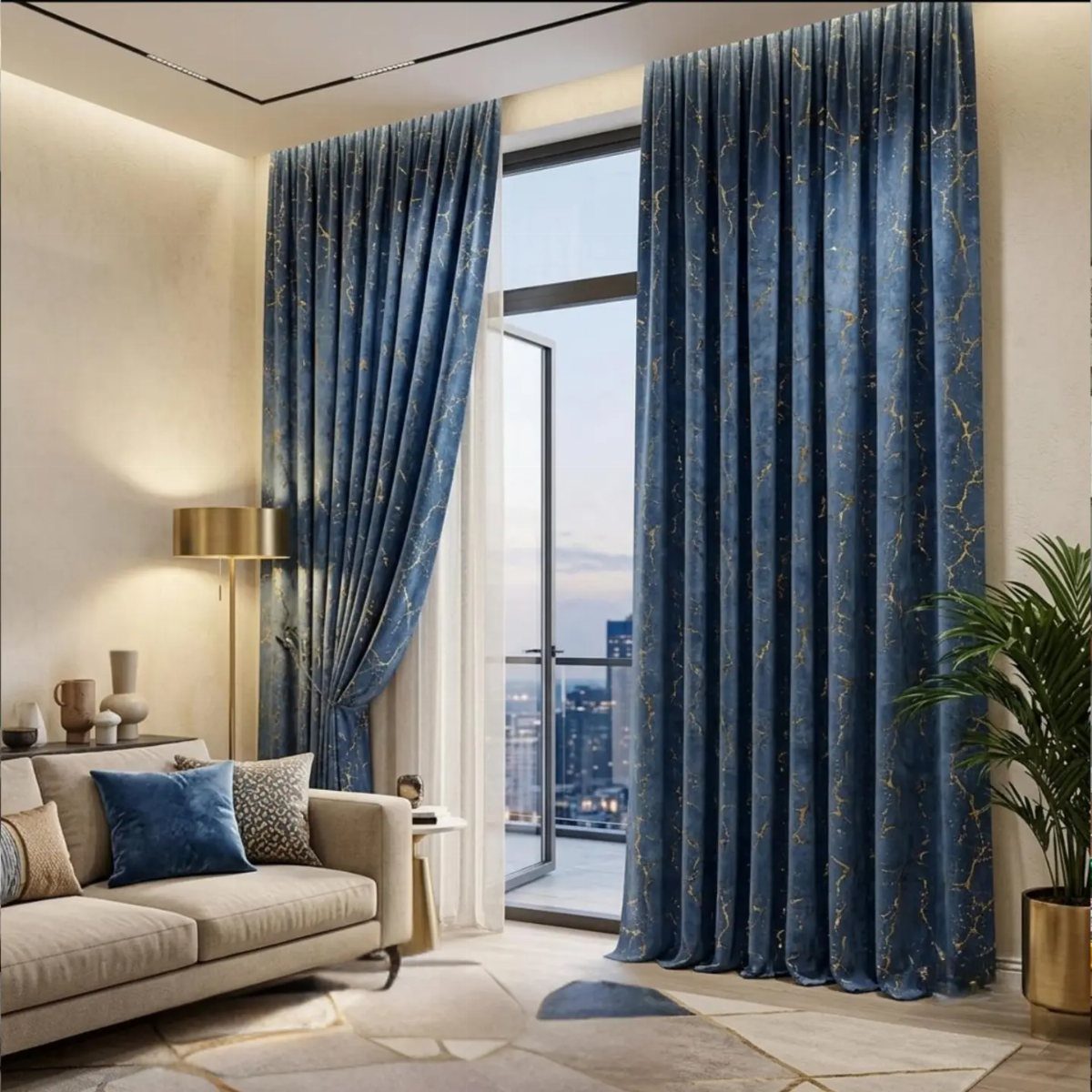 Blue curtains with gold patterns framing a window in a neutral living room.