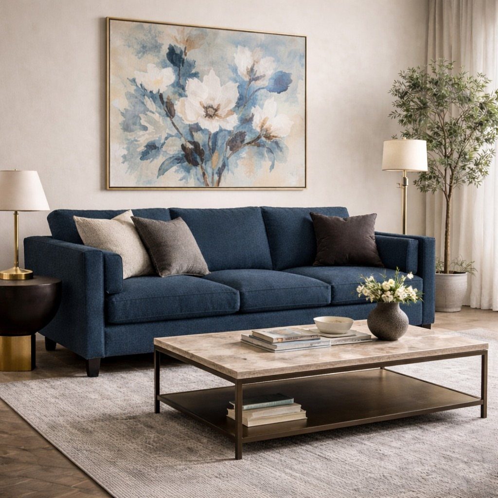 Navy blue sofa and brown coffee table in a modern living room setting