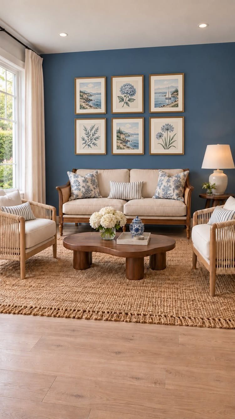 Blue walls in a living room with a jute rug and wooden furniture.