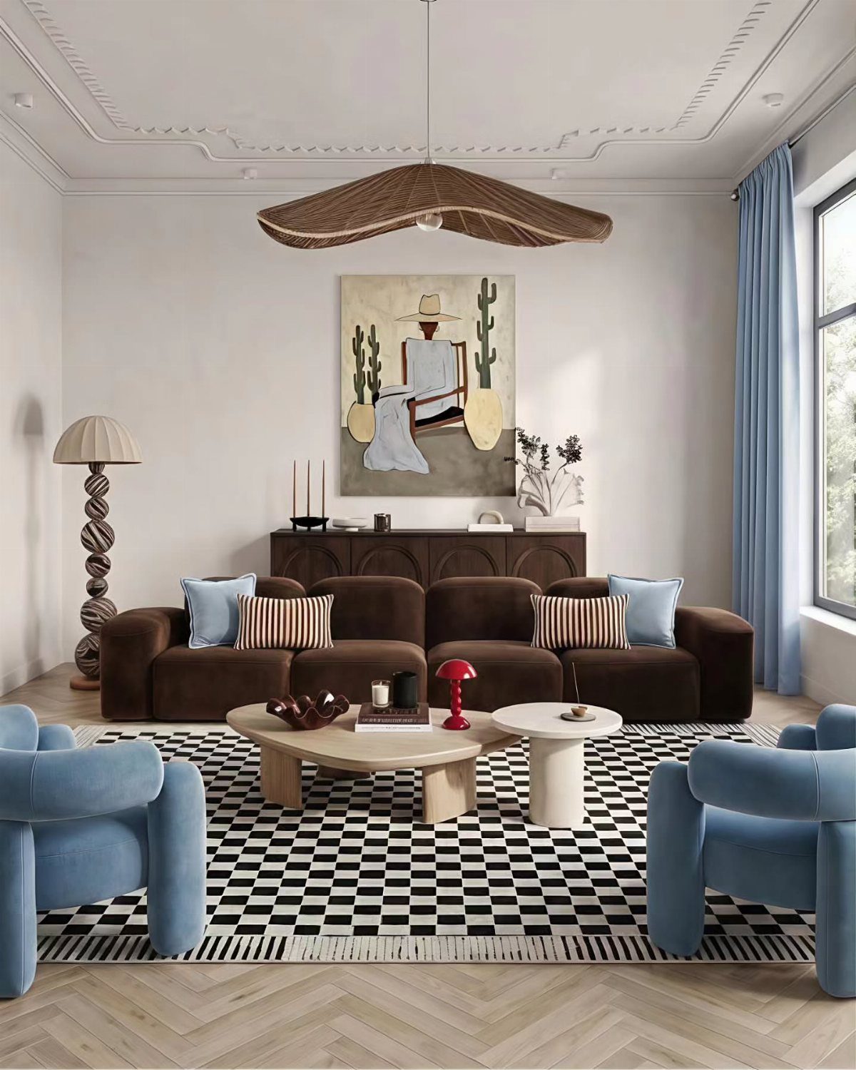 Brown sofa and blue armchairs in a modern living room with checkered rug