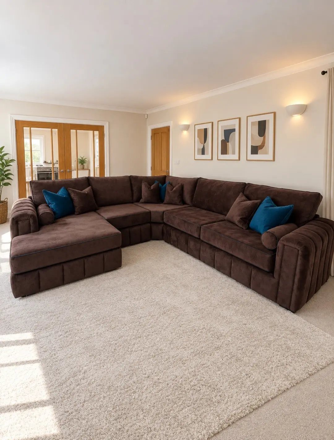 Chocolate brown sectional sofa with blue accent pillows in a bright living room.