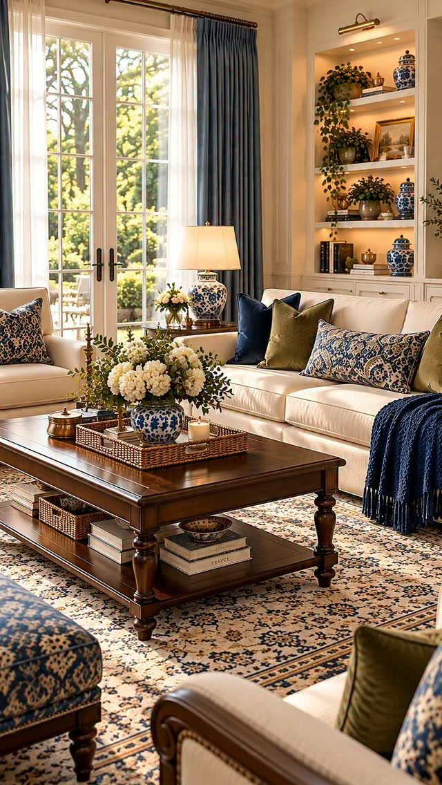 Dark brown wooden coffee table and navy blue accents in a bright living room