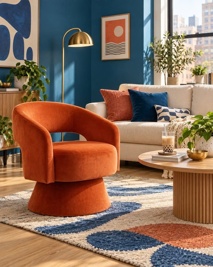 Modern living room with deep blue walls, orange swivel chair, and patterned rug.