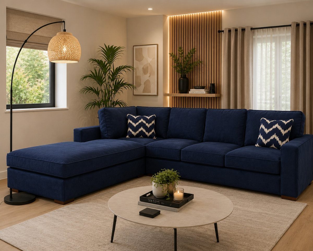 Navy blue sectional sofa in a living room with light tan walls and rug.
