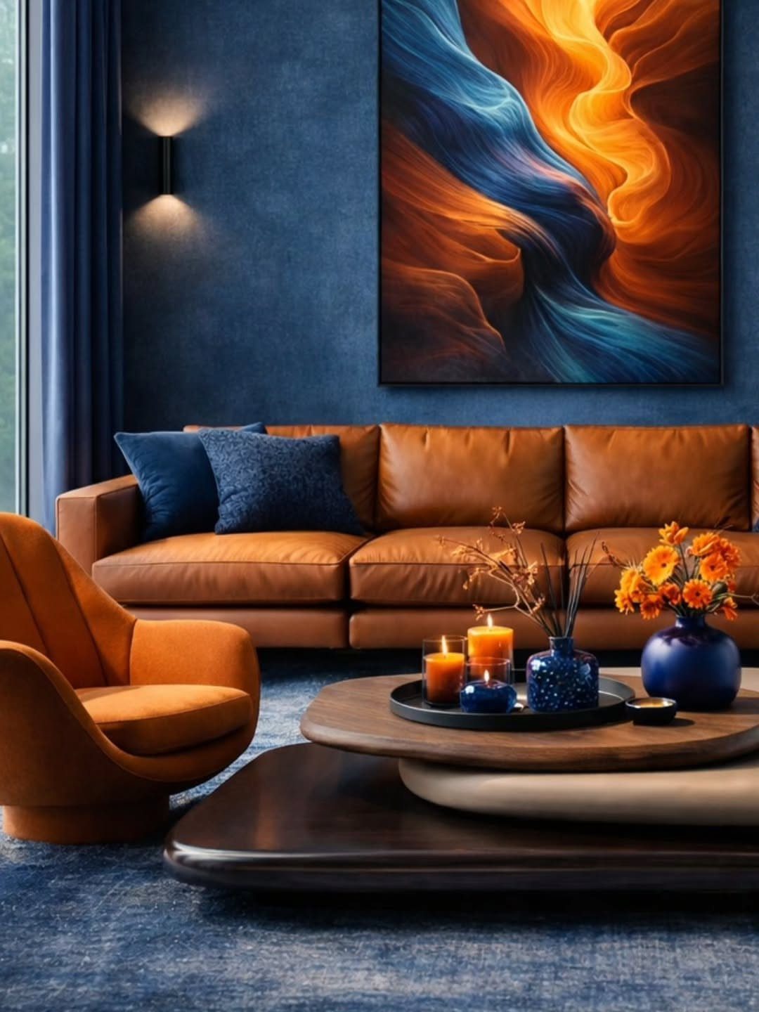 Cognac brown leather sofa against a dark navy blue wall with blue accent pillows.