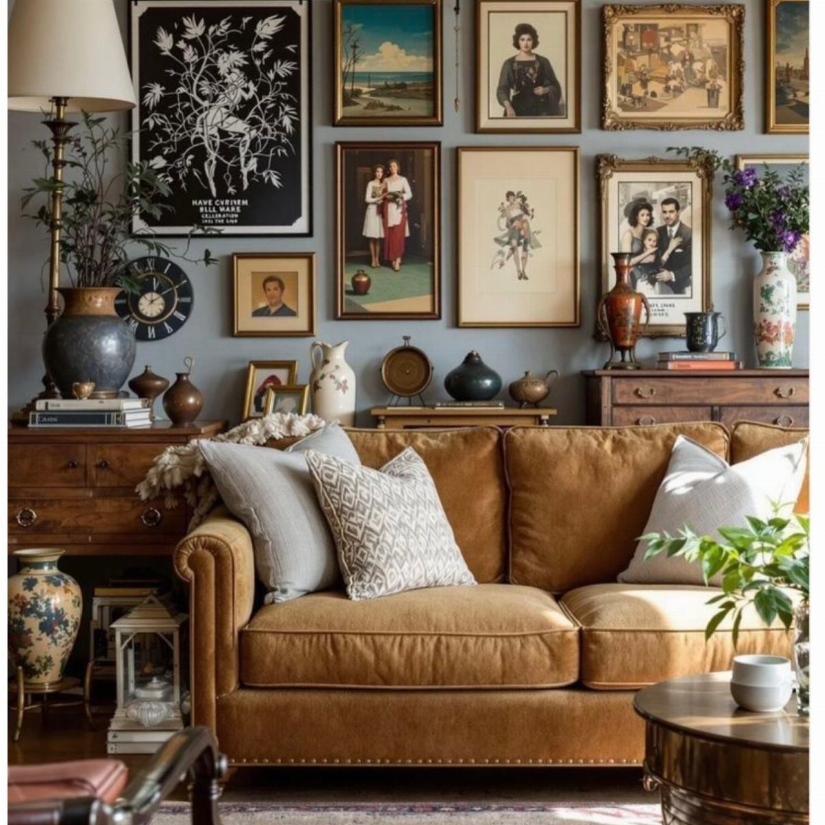 Brown leather sofa against a dark grey-blue wall with a gallery of framed art.