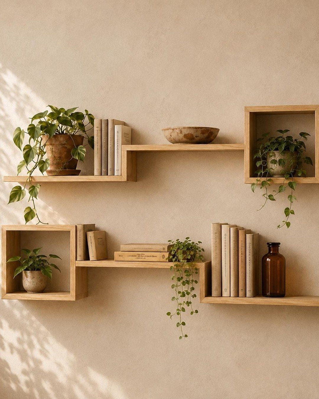 13 Cube Organizer Ideas for Your Living Room Layout 2 Wooden floating cube shelves and planks with books and trailing green plants.