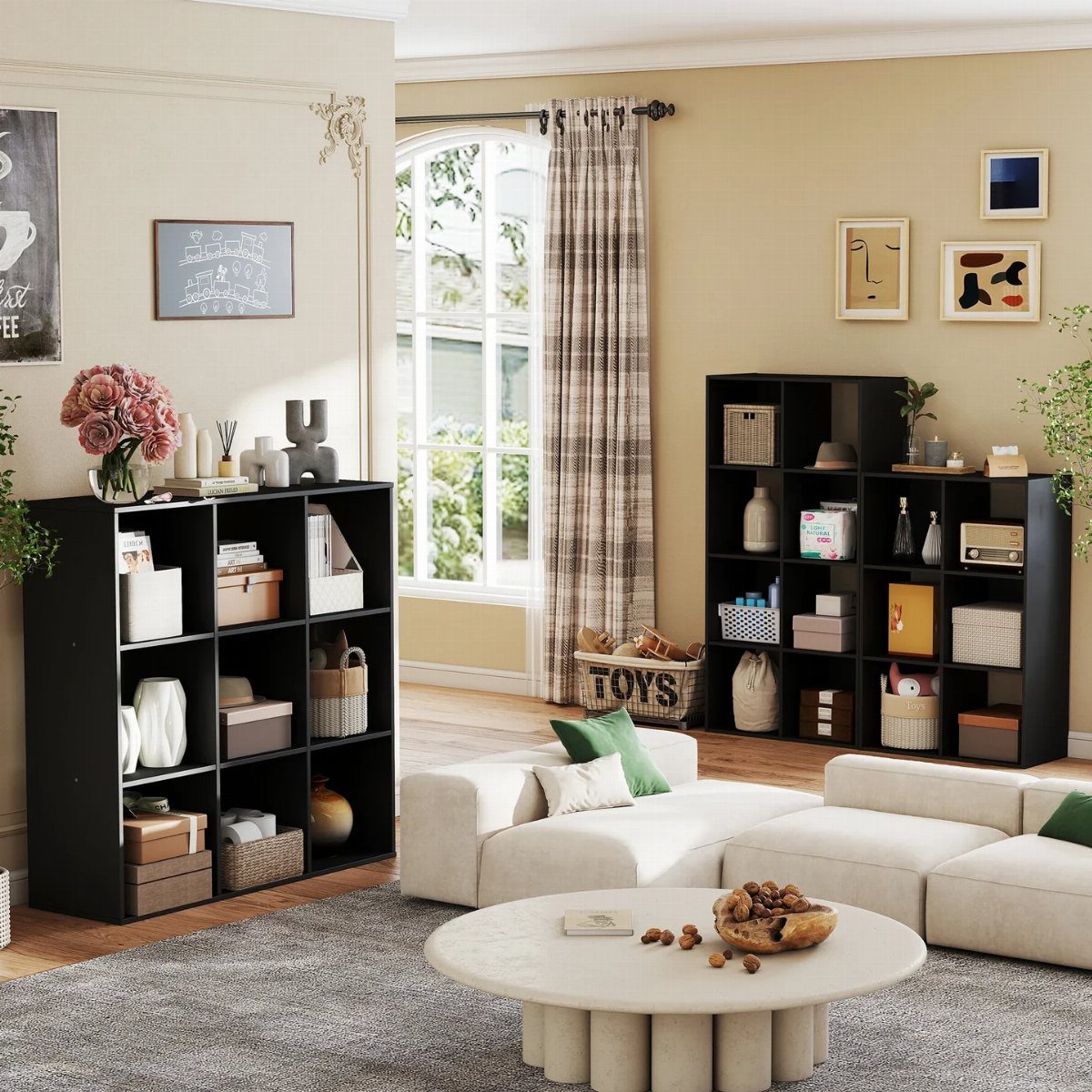 13 Cube Organizer Ideas for Your Living Room Layout 5 Black cube organizers with storage bins in a modern living room with white sofa.