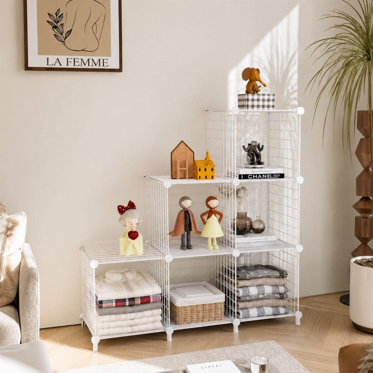 13 Cube Organizer Ideas for Your Living Room Layout 10 White wire cube organizer shelf with decorative items and blankets in a living room